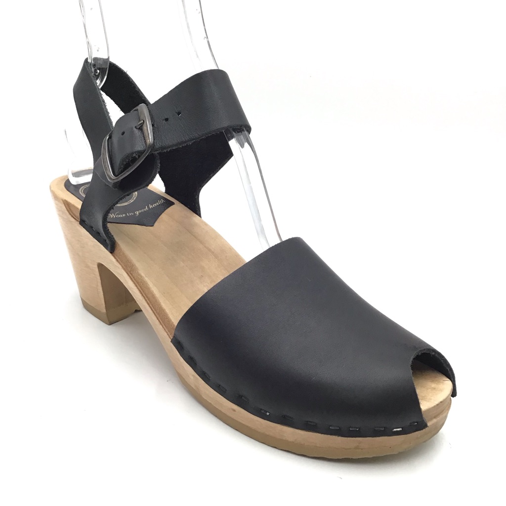 No. 6 Jane Size 41 Black Leather Sandals Wood Handmade Slingback Clog